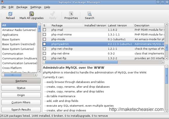 phpmyadmin in Synpatic Package Manager