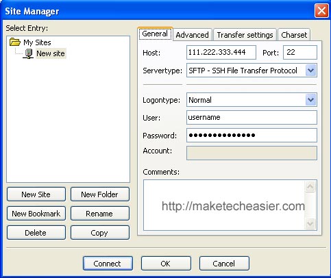 Filezilla site manager