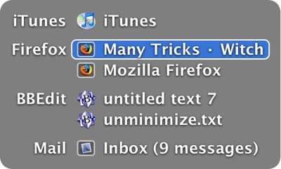 Witch offers a great interface for un-minimizing windows.