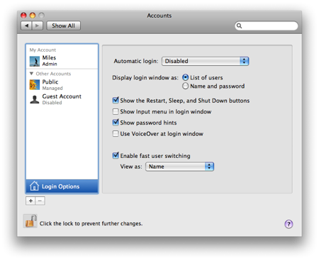 The Login Options button under Accounts is where you activate fast user switching.