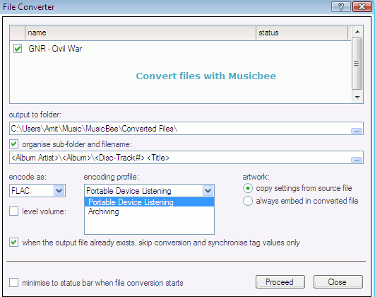 Convert files in portable audio formats