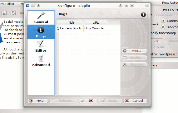 Blogilo configuration window