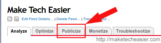 Publicize tab in Feedburner