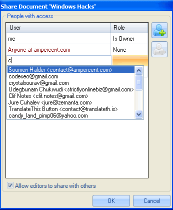 Enter email address of document collaborators