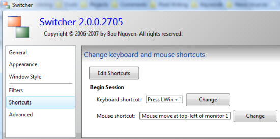 Set Keyboard and Mouse shortcuts in Switcher