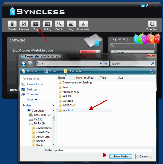 Tag the destination folder in Syncless program