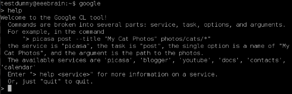 GoogleCL help output