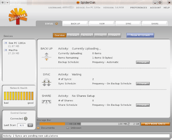 SpiderOak status tab