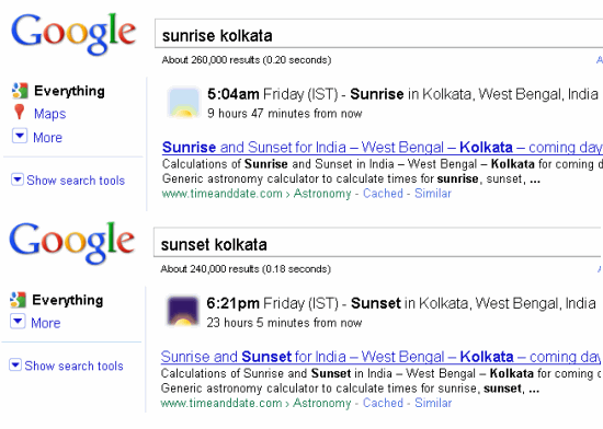 Google special search Sunrise and Sunset timings