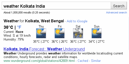 Google Special Search Weather conditions