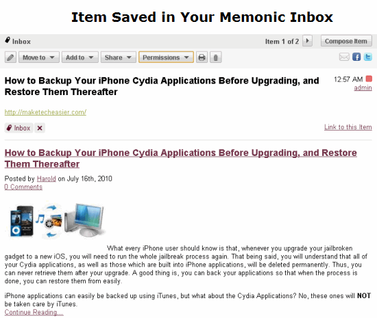 Save an Item Snippet in Memonic Inbox