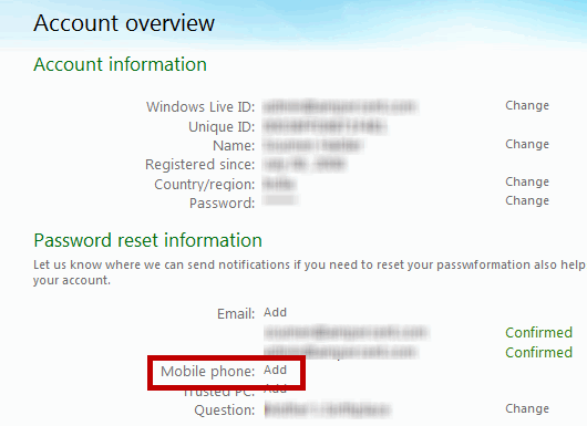 Add Mobile Number Windows Live Account