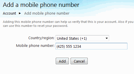 Add Mobile Phone Number Windows Live account