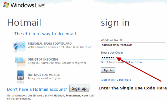 Windows Live Single use Code