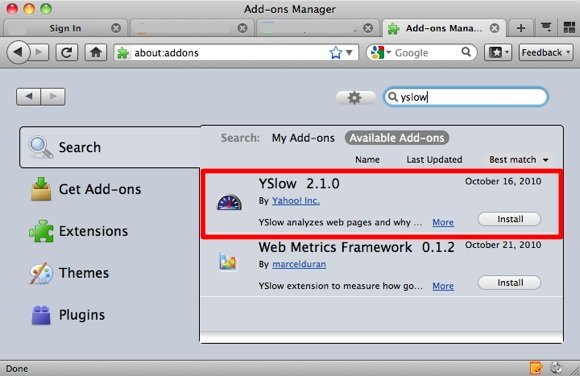 YSLow Add-ons Manager