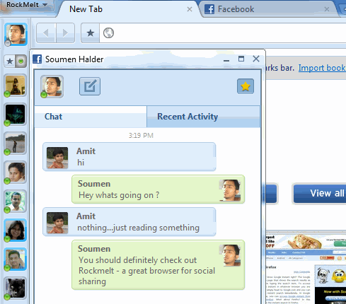 Chatting With Facebook friends from Rockmelt Panel