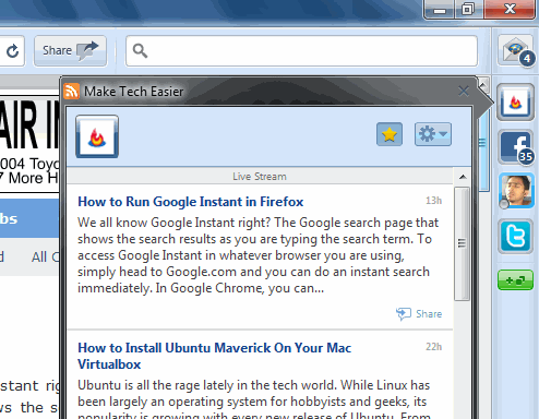 RockMelt read RSS feeds