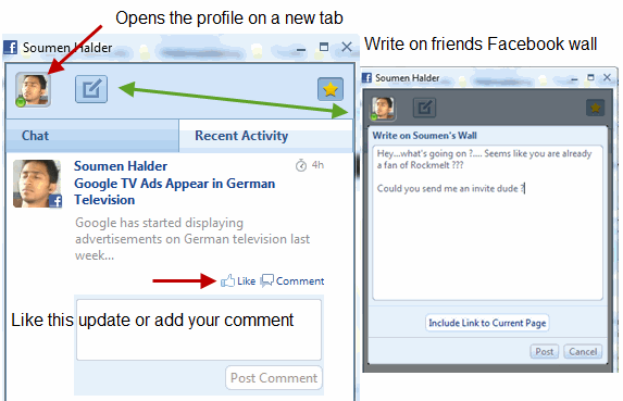 Rockmelt - Write on Facebook Wall, share links and comments