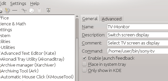 KDE menu editor, adding disper custom script