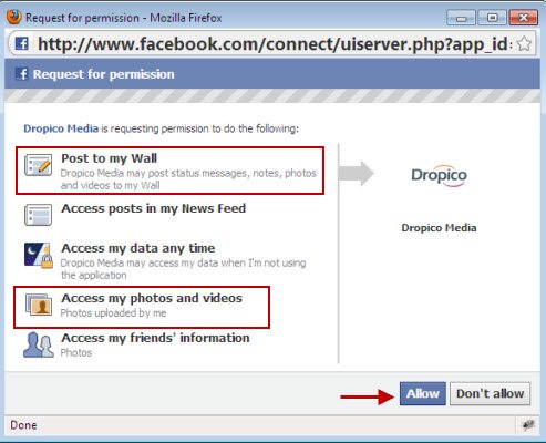 Dropico Grant permissions Facebook account