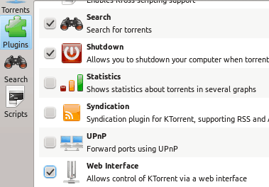 KTorrent plugin settings