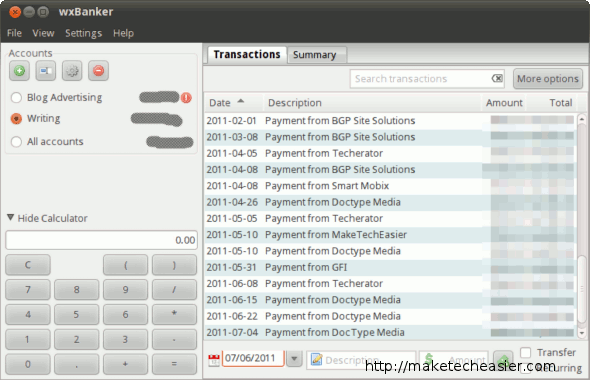 Transactions in wxBanker