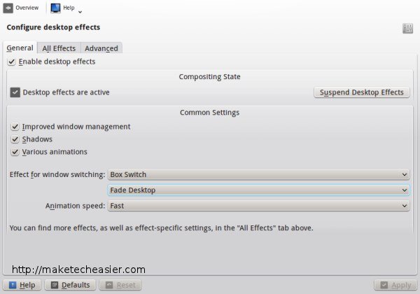 KDE desktop effects general settings