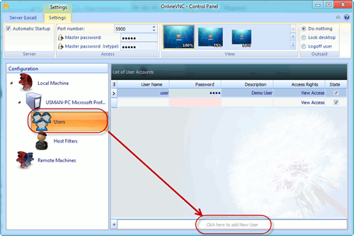 Create new user in OnlineVNC