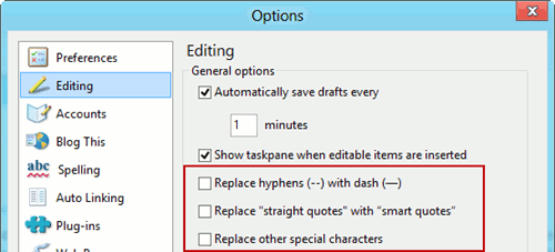 WLW options to replace special characters
