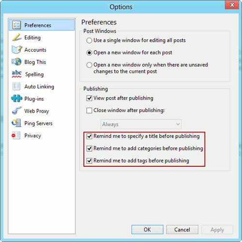 Windows Live Writer reminder options