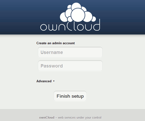 Creating ownCloud admin account.