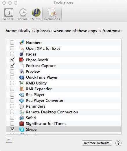 Time Out Free for Mac - Exclusions