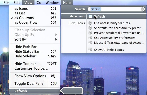 Find your added menu items with Finder's help search bar.
