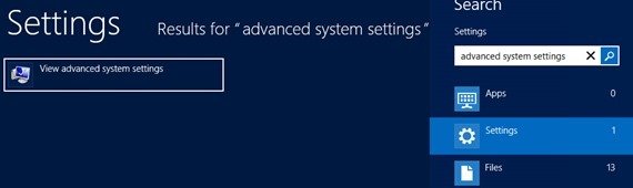 Advanced system settings Windows search