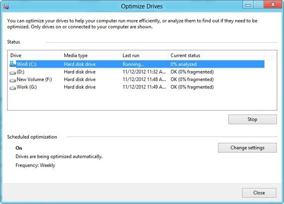 Optimize drives in Windows 8
