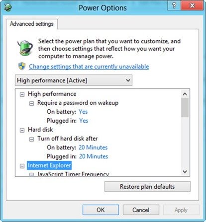 Power Options Advanced properties