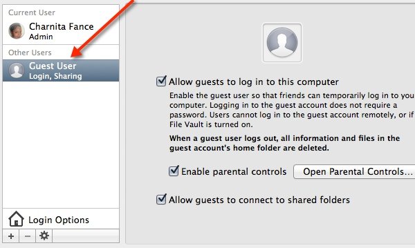 Select the Guest User account and uncheck all options.