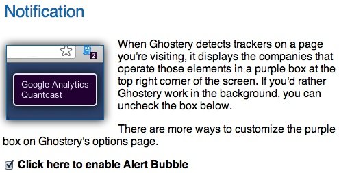 Enable or disable the Ghostery alert bubble.