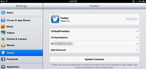 The Twitter menu in iOS settings.