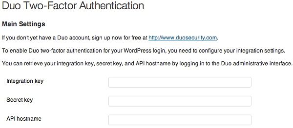 Duo Two-Factor Authentication settings page in WordPress.