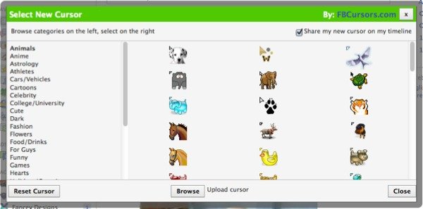 Choose your own Facebook cursor or upload your own.
