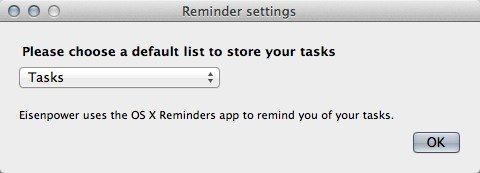 Eisenpower settings - choose a default task list in the Mac Reminders app.