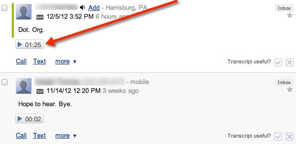 Recorded Google Voice calls appear in your Inbox like a voicemail message.