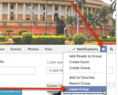 Remove yourself from a Facebook group via the gear icon. Remove yourself from a Facebook group via the gear icon.