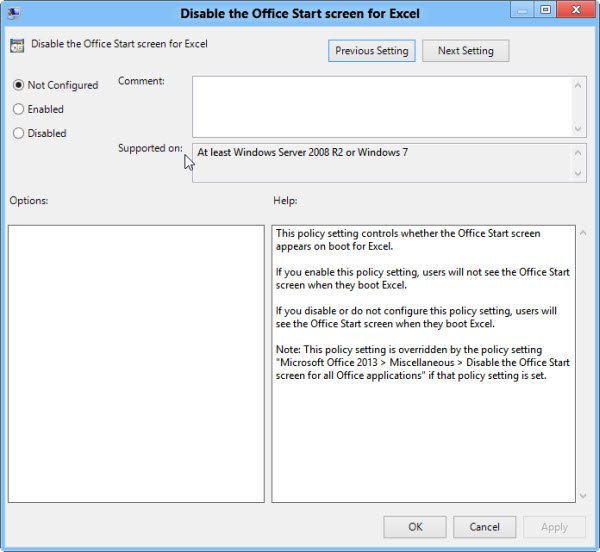 Disable the Office Start screen for Excel