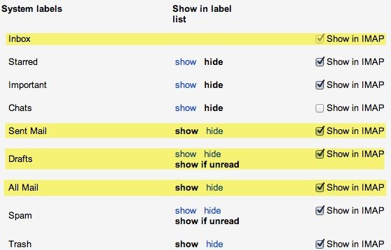 Make sure your system labels have the 'show in IMAP' option enabled.