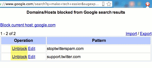 Click the button on your toolbar to unblock and edit blocked domains.