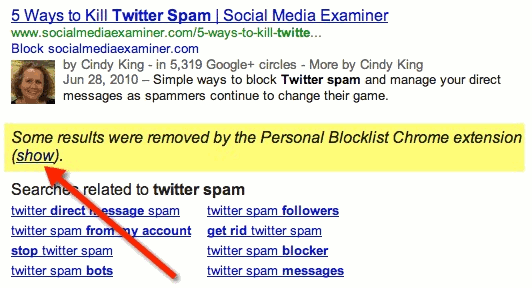 Click on the 'show' link to display results that have been removed from Google.