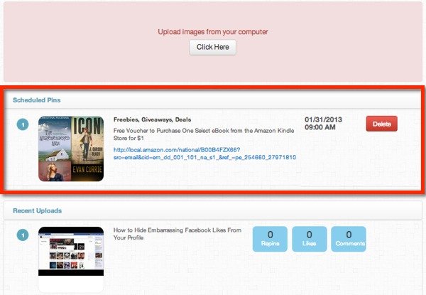 View your scheduled pins and recent uploads on the Pingraphy dashboard.