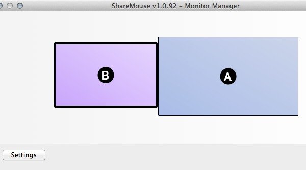 The Monitor Arrangement window is the main dashboard of ShareMouse and displays icons of the monitors of all connected computers and their relative positions.